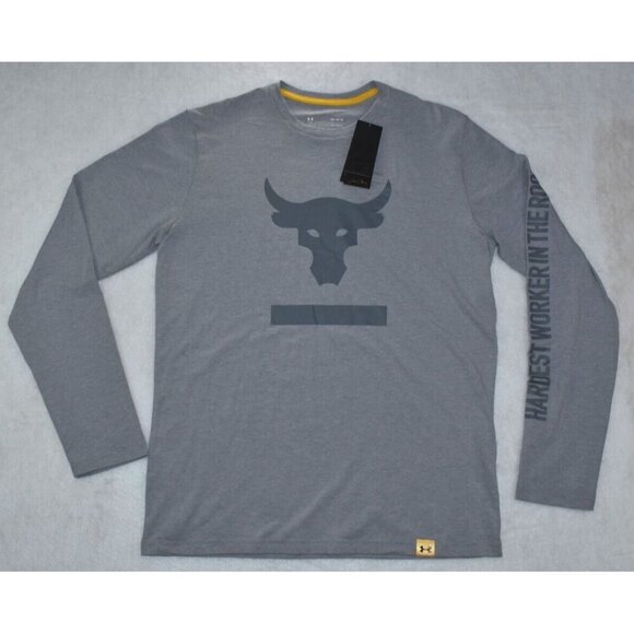 Under Armour Project Rock Men's Shirt Size M Gray Hardest Worker Long Sleeve New - Picture 1 of 11